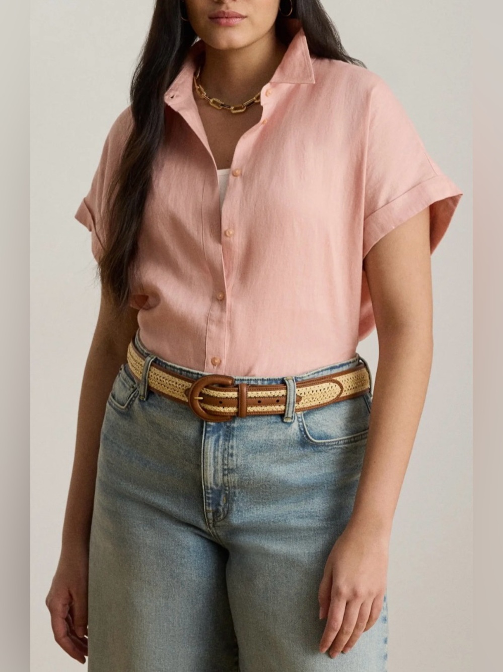 Lauren Ralph Lauren Button Front Short Sleeve Shirt  100% Linen Peachy Pink 3X